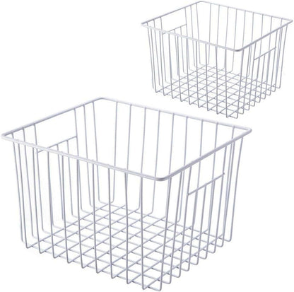 Deep Refrigerator Freezer Baskets, Large Household Wire Storage Basket Bins Organizer with Handles for Kitchen, Pantry, Freezer, Cabinet, Closets, Pearl White, Set of 2