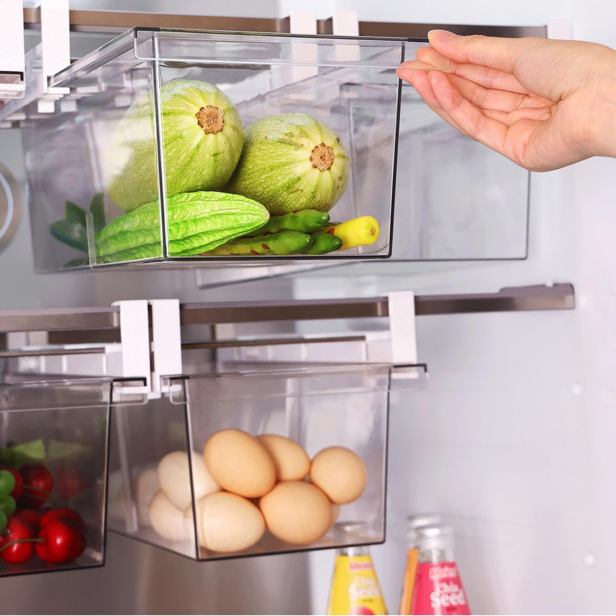 2 Pack Fridge Drawer Organizer - Egg Holder For Refrigerator Pull Out | Transparent Deli Drawer Organization Bin - Meat, Cheese - Sliding Storage Containers for Fridge Shelf Under 1.1"
