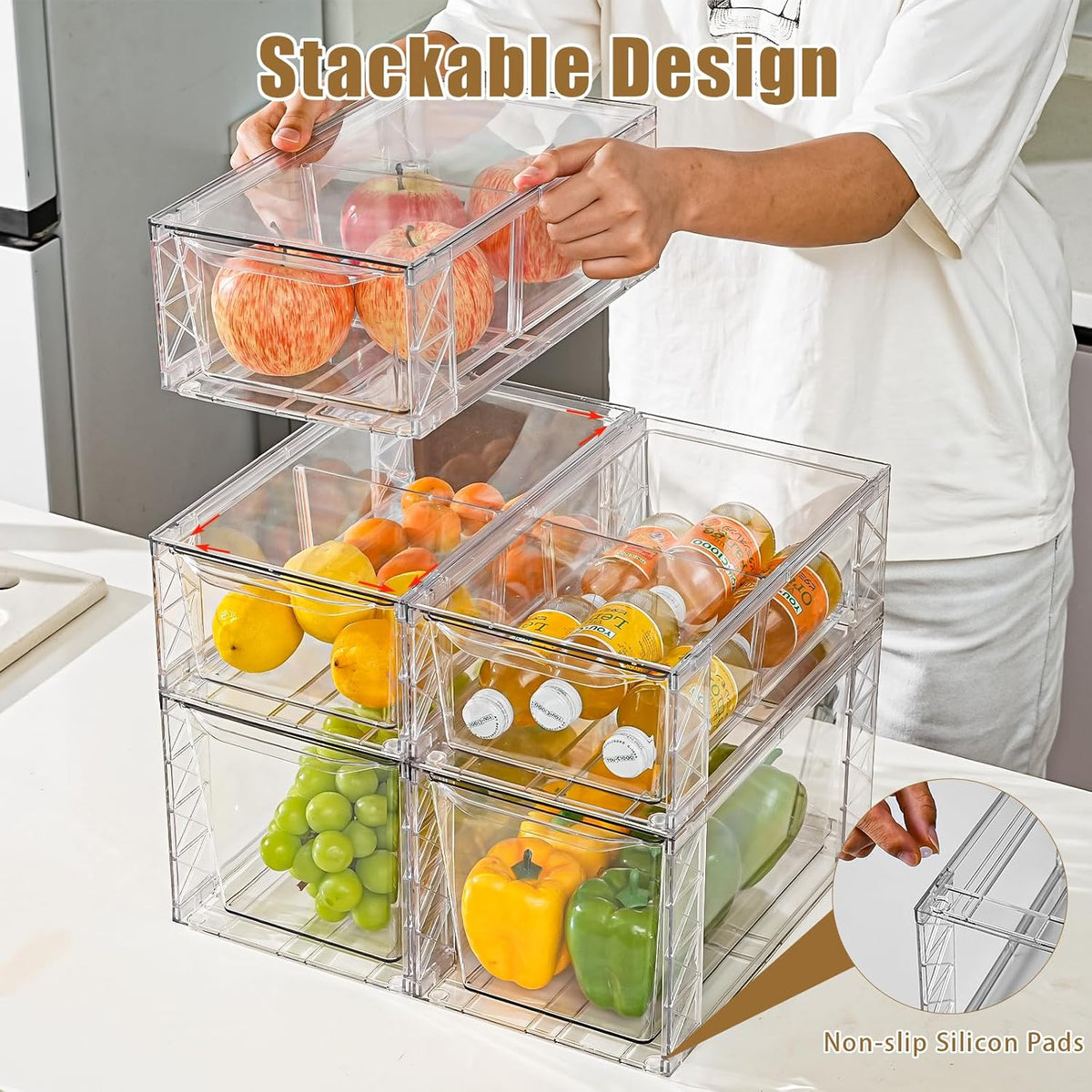 Clemate 6Pack Pantry Organizers and Storage,Clear Stackable Kitchen Storage Organizer,Foods Organizer Bins with Handles, Easily Assemble for Bathroom, Kitchen, Refrigerator, Pantry, Cabinet, Closet