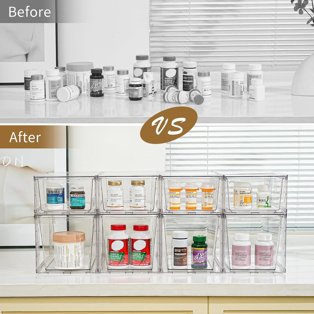 Clemate 6Pack Pantry Organizers and Storage,Clear Stackable Kitchen Storage Organizer,Foods Organizer Bins with Handles, Easily Assemble for Bathroom, Kitchen, Refrigerator, Pantry, Cabinet, Closet