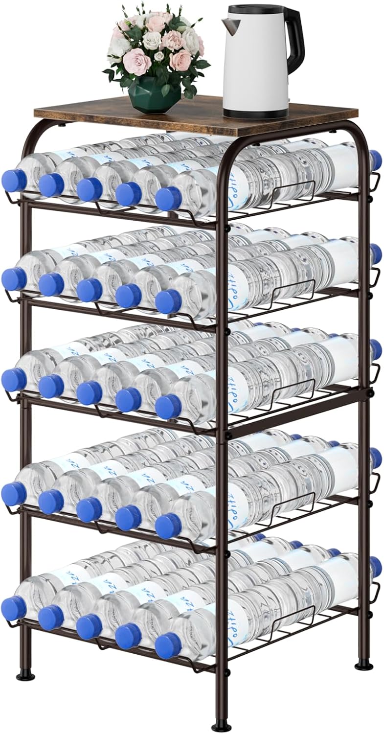 Water Bottle Organizer 5 Tier Free Standing Water Bottle Holder Rack Large Capacity Bottled Water Storage Rack Metal Soda Can Beverage Drink Stand Shelf for Kitchen Pantry Office, Brown