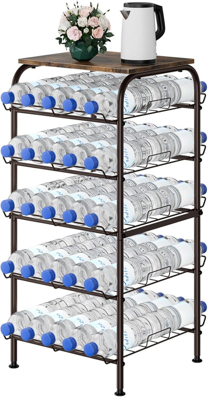 Water Bottle Organizer 5 Tier Free Standing Water Bottle Holder Rack Large Capacity Bottled Water Storage Rack Metal Soda Can Beverage Drink Stand Shelf for Kitchen Pantry Office, Brown