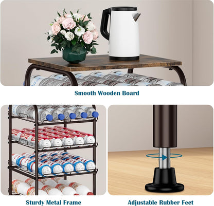 Water Bottle Organizer 5 Tier Free Standing Water Bottle Holder Rack Large Capacity Bottled Water Storage Rack Metal Soda Can Beverage Drink Stand Shelf for Kitchen Pantry Office, Brown