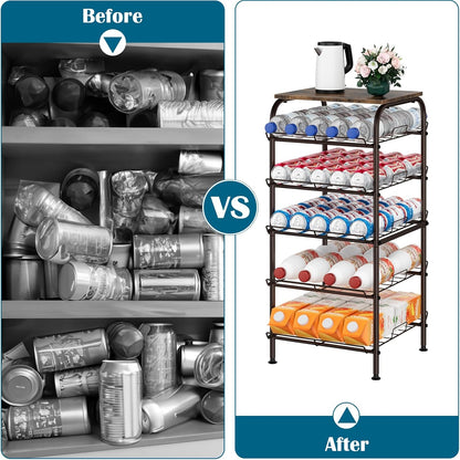 Water Bottle Organizer 5 Tier Free Standing Water Bottle Holder Rack Large Capacity Bottled Water Storage Rack Metal Soda Can Beverage Drink Stand Shelf for Kitchen Pantry Office, Brown