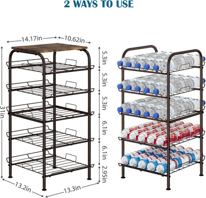 Water Bottle Organizer 5 Tier Free Standing Water Bottle Holder Rack Large Capacity Bottled Water Storage Rack Metal Soda Can Beverage Drink Stand Shelf for Kitchen Pantry Office, Brown