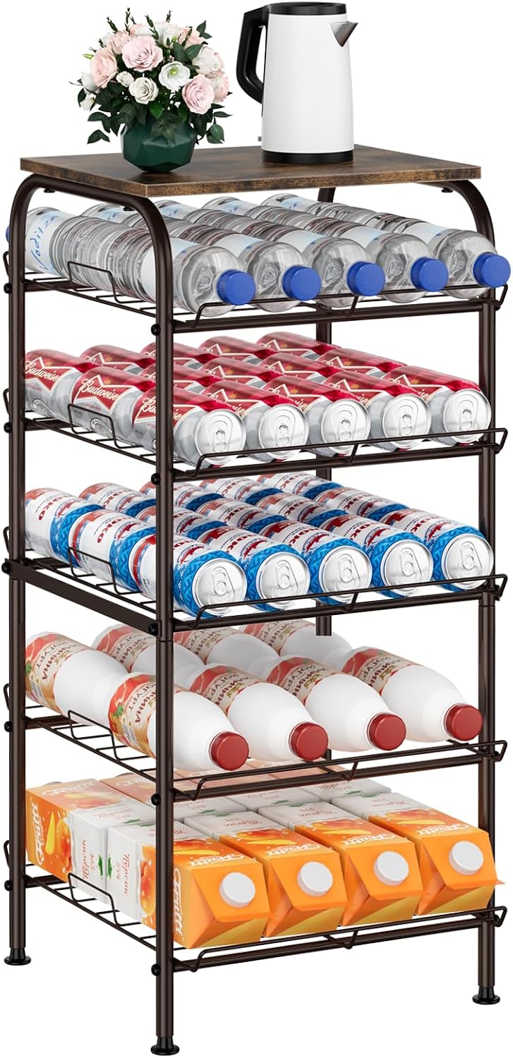Water Bottle Organizer 5 Tier Free Standing Water Bottle Holder Rack Large Capacity Bottled Water Storage Rack Metal Soda Can Beverage Drink Stand Shelf for Kitchen Pantry Office, Brown