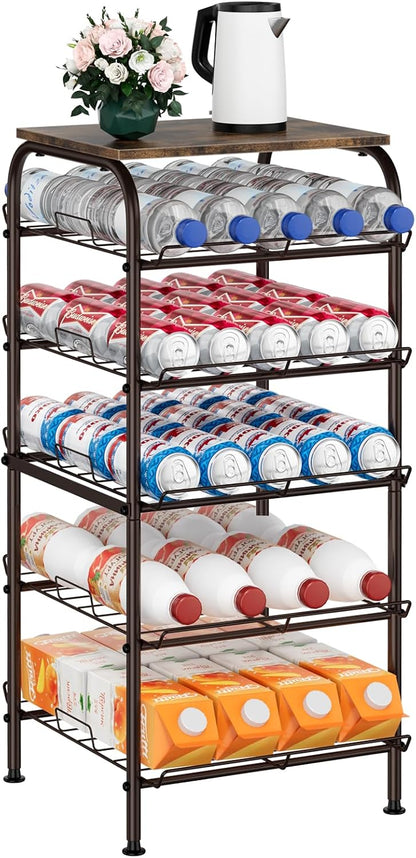 Water Bottle Organizer 5 Tier Free Standing Water Bottle Holder Rack Large Capacity Bottled Water Storage Rack Metal Soda Can Beverage Drink Stand Shelf for Kitchen Pantry Office, Brown