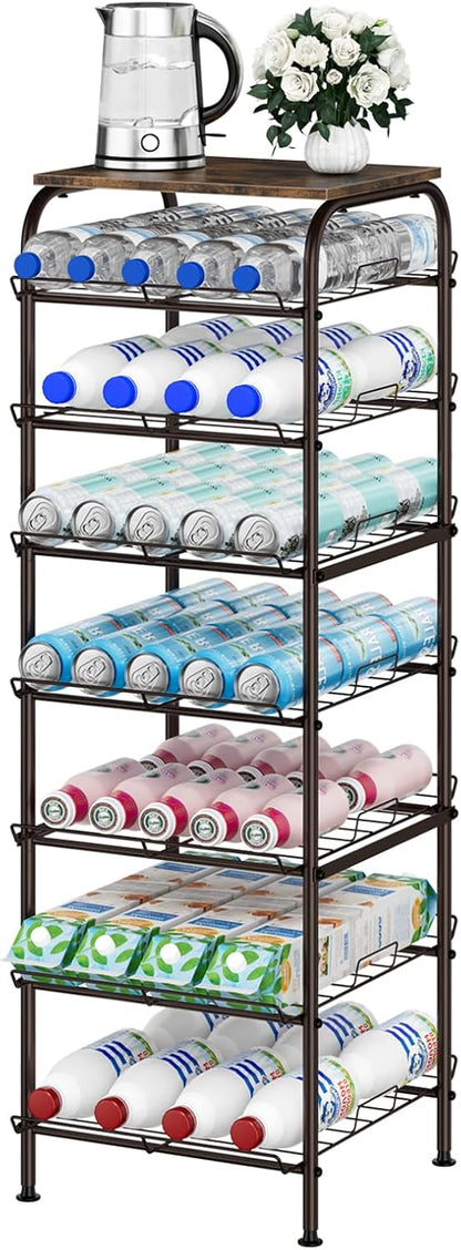Water Bottle Organizer 5 Tier Free Standing Water Bottle Holder Rack Large Capacity Bottled Water Storage Rack Metal Soda Can Beverage Drink Stand Shelf for Kitchen Pantry Office, Brown