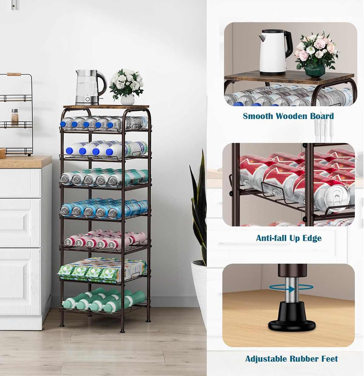 Water Bottle Organizer 5 Tier Free Standing Water Bottle Holder Rack Large Capacity Bottled Water Storage Rack Metal Soda Can Beverage Drink Stand Shelf for Kitchen Pantry Office, Brown