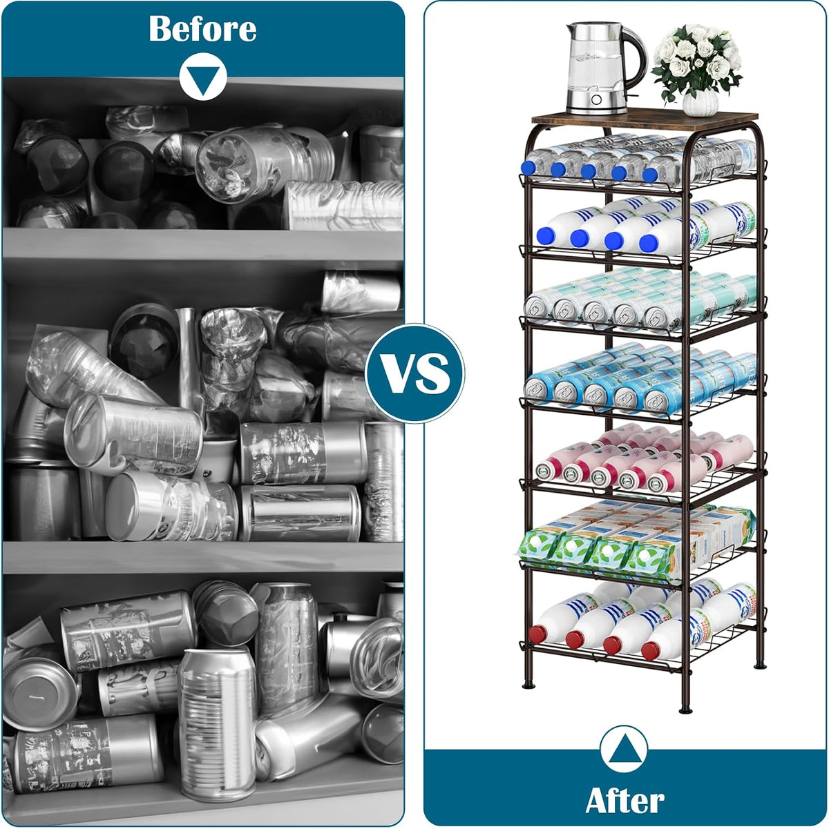 Water Bottle Organizer 5 Tier Free Standing Water Bottle Holder Rack Large Capacity Bottled Water Storage Rack Metal Soda Can Beverage Drink Stand Shelf for Kitchen Pantry Office, Brown