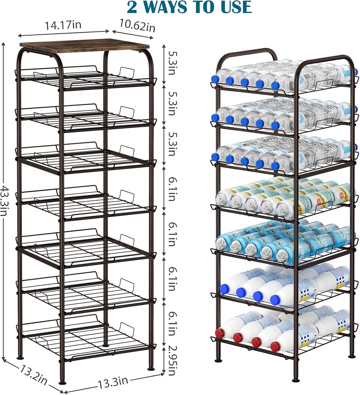 Water Bottle Organizer 5 Tier Free Standing Water Bottle Holder Rack Large Capacity Bottled Water Storage Rack Metal Soda Can Beverage Drink Stand Shelf for Kitchen Pantry Office, Brown
