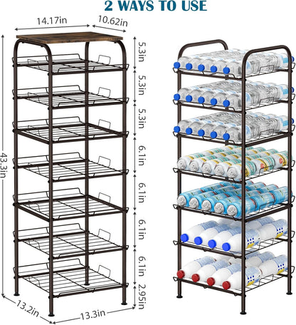 Water Bottle Organizer 5 Tier Free Standing Water Bottle Holder Rack Large Capacity Bottled Water Storage Rack Metal Soda Can Beverage Drink Stand Shelf for Kitchen Pantry Office, Brown
