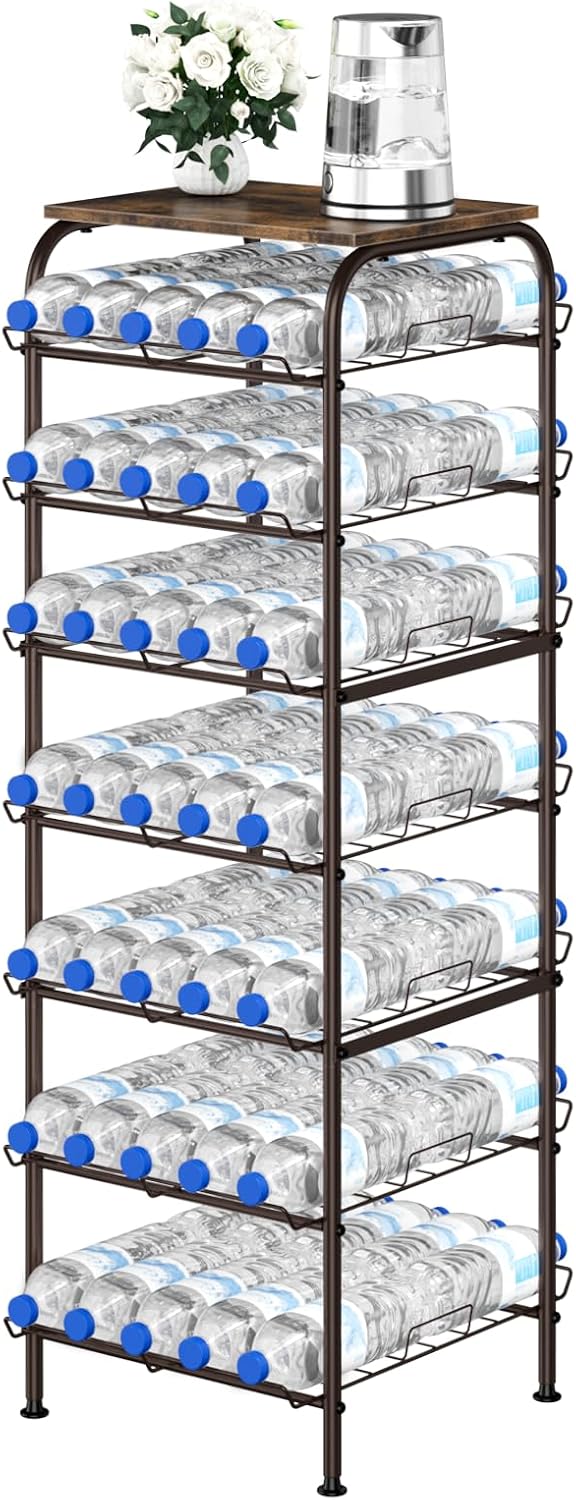 Water Bottle Organizer 5 Tier Free Standing Water Bottle Holder Rack Large Capacity Bottled Water Storage Rack Metal Soda Can Beverage Drink Stand Shelf for Kitchen Pantry Office, Brown