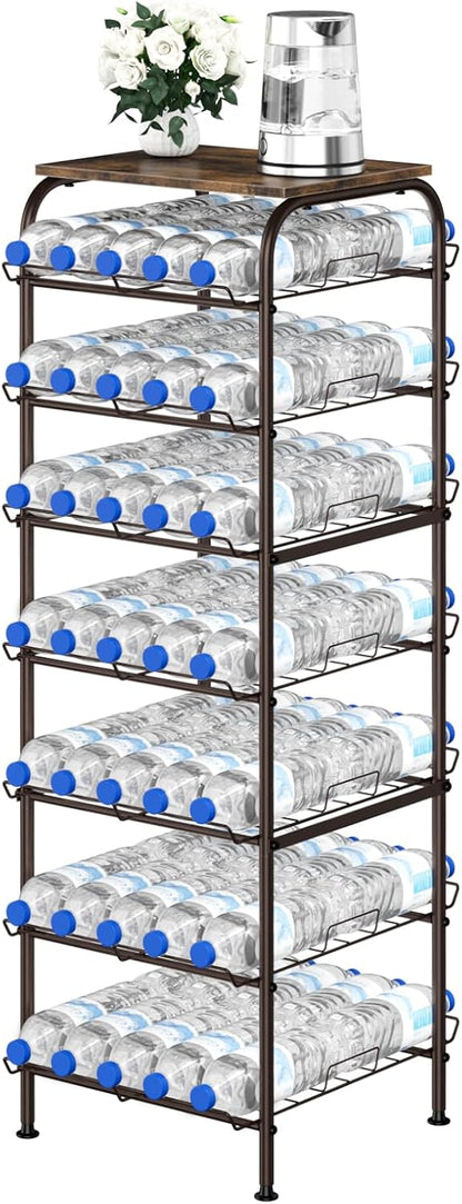 Water Bottle Organizer 5 Tier Free Standing Water Bottle Holder Rack Large Capacity Bottled Water Storage Rack Metal Soda Can Beverage Drink Stand Shelf for Kitchen Pantry Office, Brown