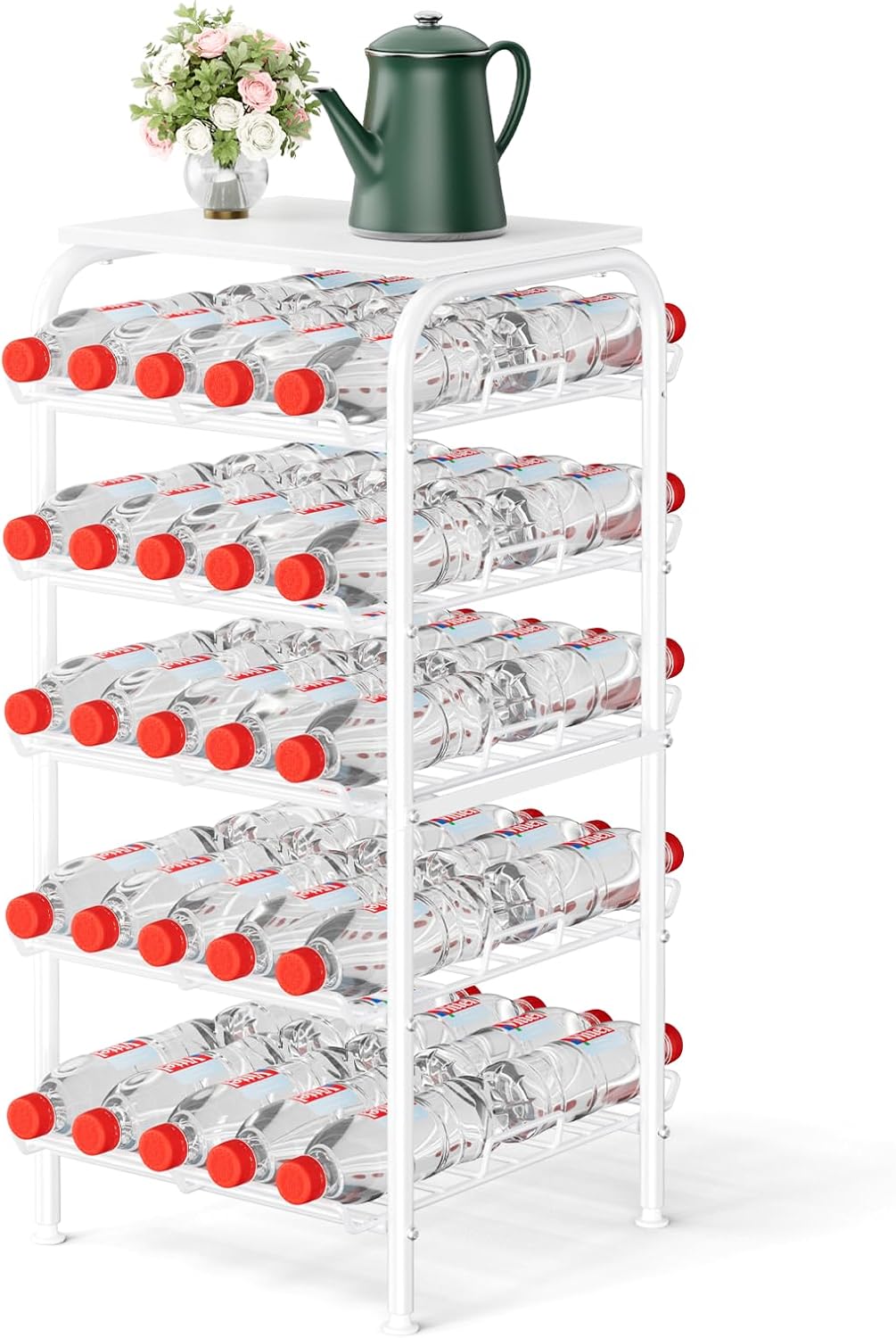 Water Bottle Organizer 5 Tier Free Standing Water Bottle Holder Rack Large Capacity Bottled Water Storage Rack Metal Soda Can Beverage Drink Stand Shelf for Kitchen Pantry Office, Brown