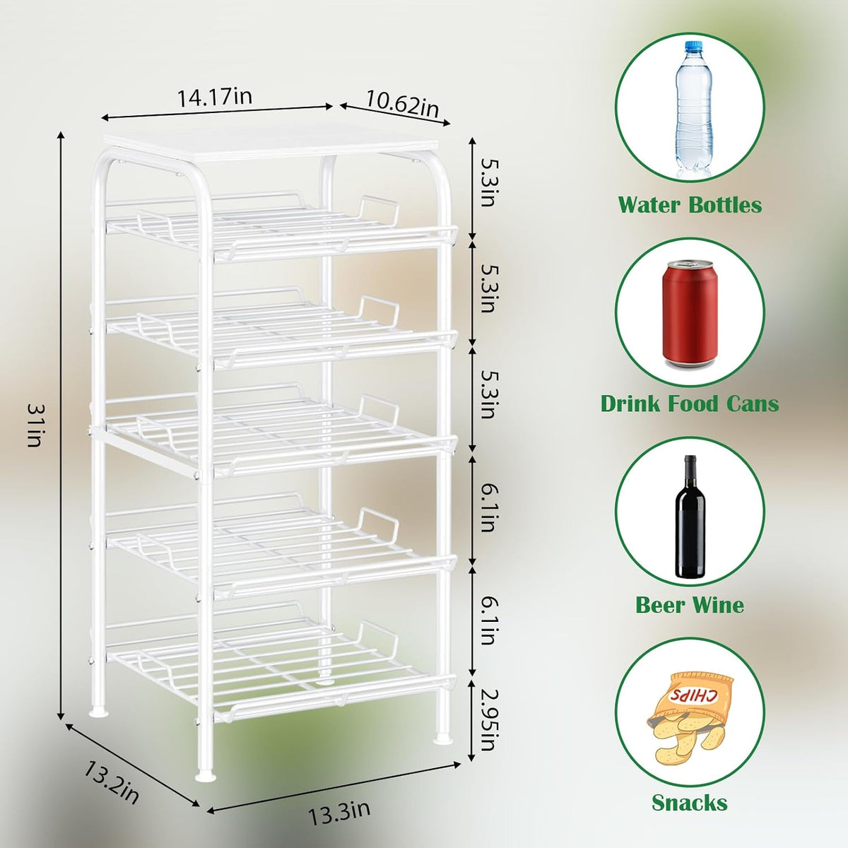Water Bottle Organizer 5 Tier Free Standing Water Bottle Holder Rack Large Capacity Bottled Water Storage Rack Metal Soda Can Beverage Drink Stand Shelf for Kitchen Pantry Office, Brown