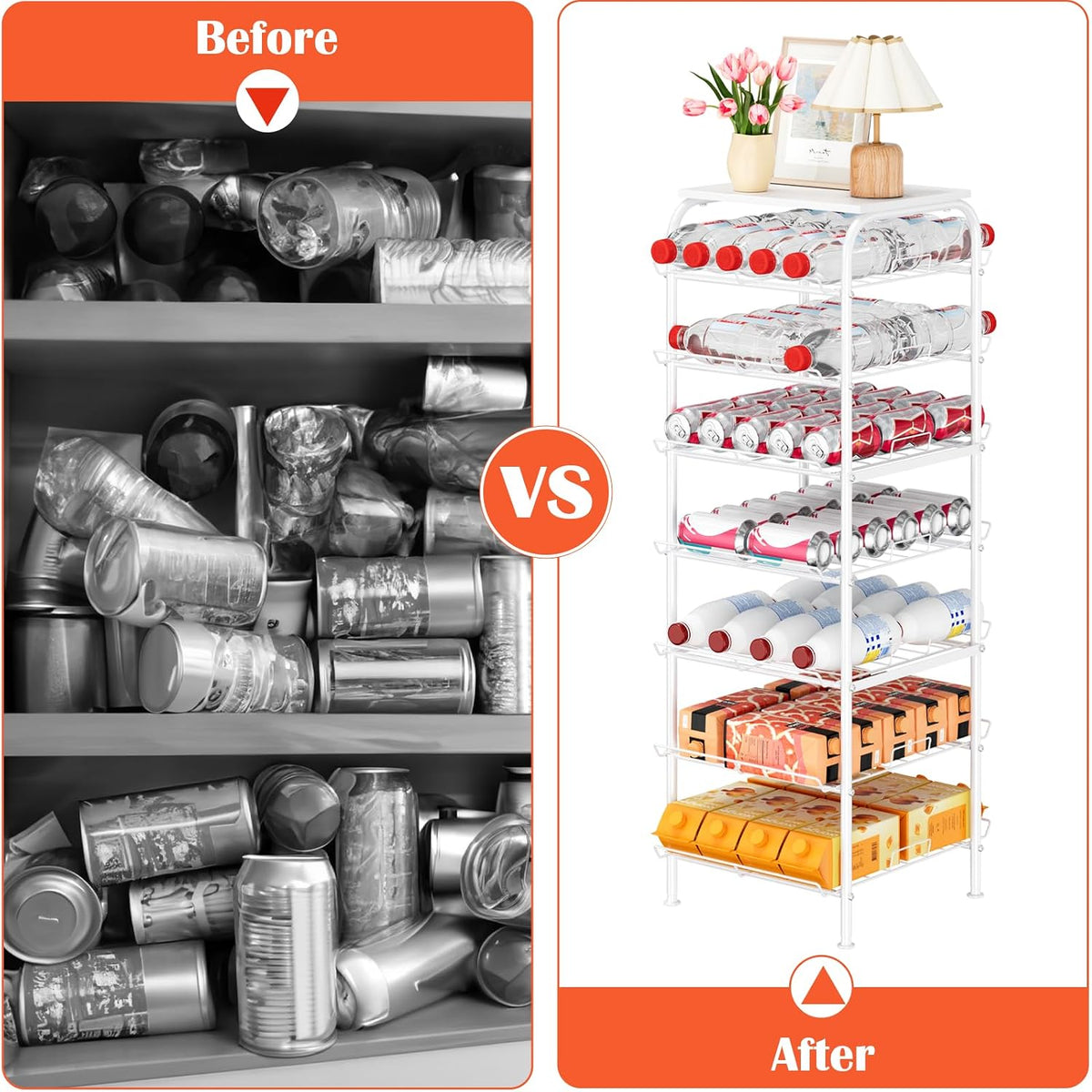 Water Bottle Organizer 5 Tier Free Standing Water Bottle Holder Rack Large Capacity Bottled Water Storage Rack Metal Soda Can Beverage Drink Stand Shelf for Kitchen Pantry Office, Brown