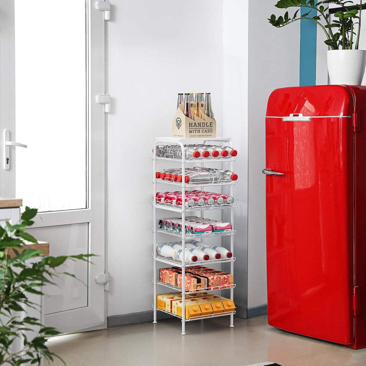 Water Bottle Organizer 5 Tier Free Standing Water Bottle Holder Rack Large Capacity Bottled Water Storage Rack Metal Soda Can Beverage Drink Stand Shelf for Kitchen Pantry Office, Brown