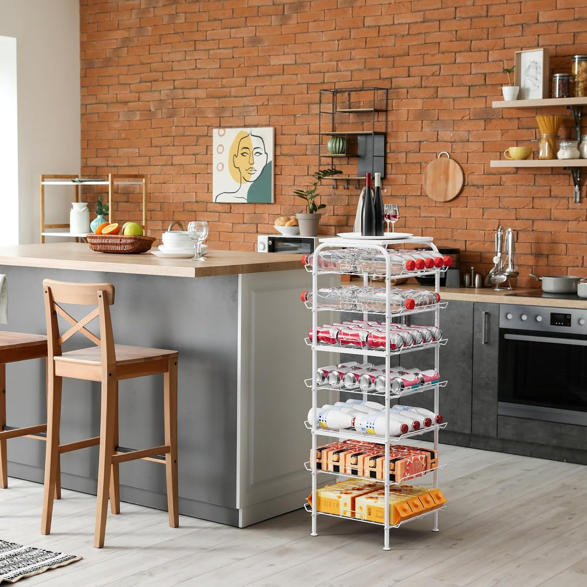 Water Bottle Organizer 5 Tier Free Standing Water Bottle Holder Rack Large Capacity Bottled Water Storage Rack Metal Soda Can Beverage Drink Stand Shelf for Kitchen Pantry Office, Brown