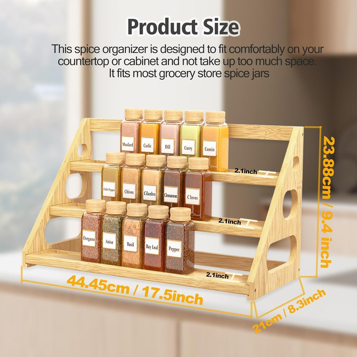 Spice Rack - Tiered Spice Rack Organization for Cabinet - 3 Tier Bamboo Display Spice Shelf for Countertop