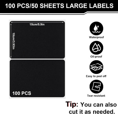 100 Pack Chalkboard Labels for Storage Bins, 6 X 4 in, Black | Removable Adhesive Labels, Tear Resistant, Includes 1 White Liquid Chalk Marker, for Home, School, Office Organization