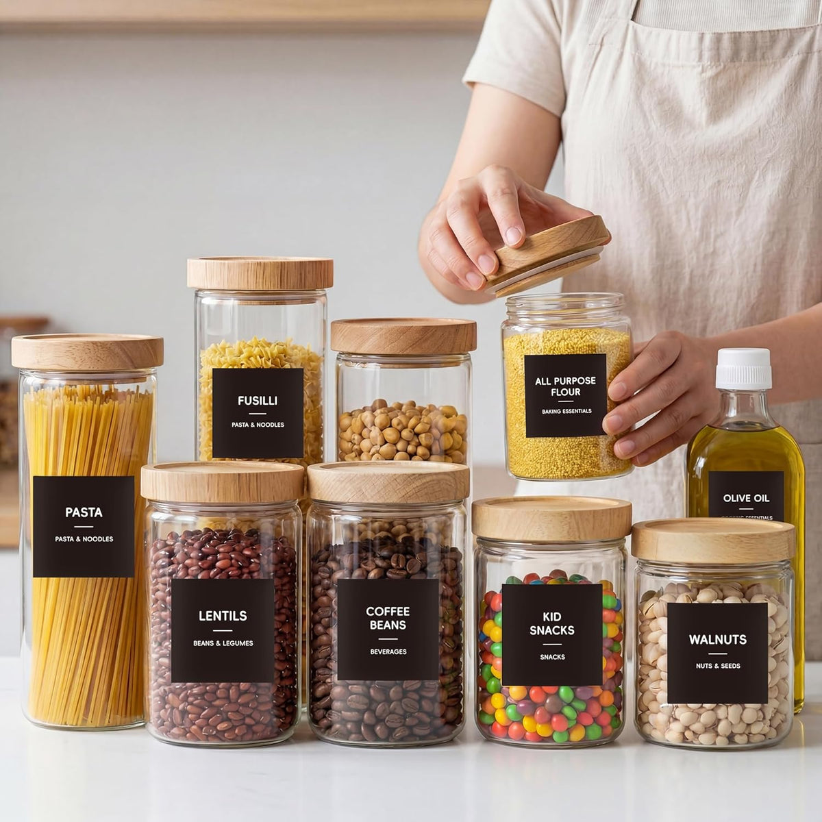 276 Pantry Labels for Food Containers, Black Preprinted Minimalist Waterproof Stickers for Pantry Labels for Food Storage, Organize Pantry Essentials Canister Label, Jars and Kitchen