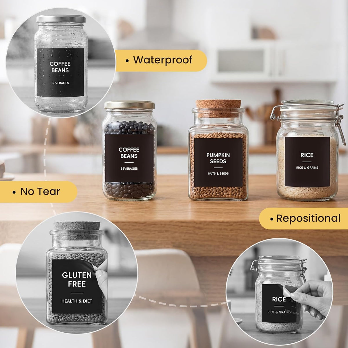 276 Pantry Labels for Food Containers, Black Preprinted Minimalist Waterproof Stickers for Pantry Labels for Food Storage, Organize Pantry Essentials Canister Label, Jars and Kitchen
