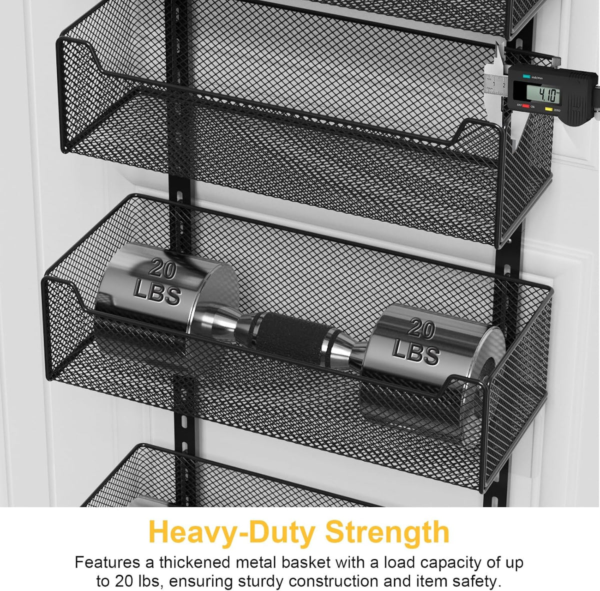Over the Door Organizer, 8-Tier Pantry Organizer with Fully Enclosed Mesh Baskets, Heavy-Duty Metal Hanging Spice Rack for Kitchen Bathroom Laundry Room, 2-in-1 Wall Mount or Door Mount, Black