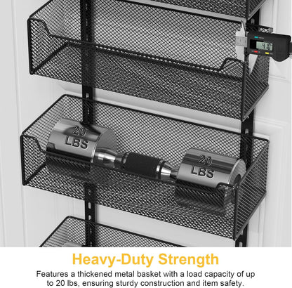 Over the Door Organizer, 8-Tier Pantry Organizer with Fully Enclosed Mesh Baskets, Heavy-Duty Metal Hanging Spice Rack for Kitchen Bathroom Laundry Room, 2-in-1 Wall Mount or Door Mount, Black