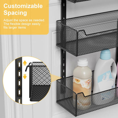 Over the Door Organizer, 8-Tier Pantry Organizer with Fully Enclosed Mesh Baskets, Heavy-Duty Metal Hanging Spice Rack for Kitchen Bathroom Laundry Room, 2-in-1 Wall Mount or Door Mount, Black
