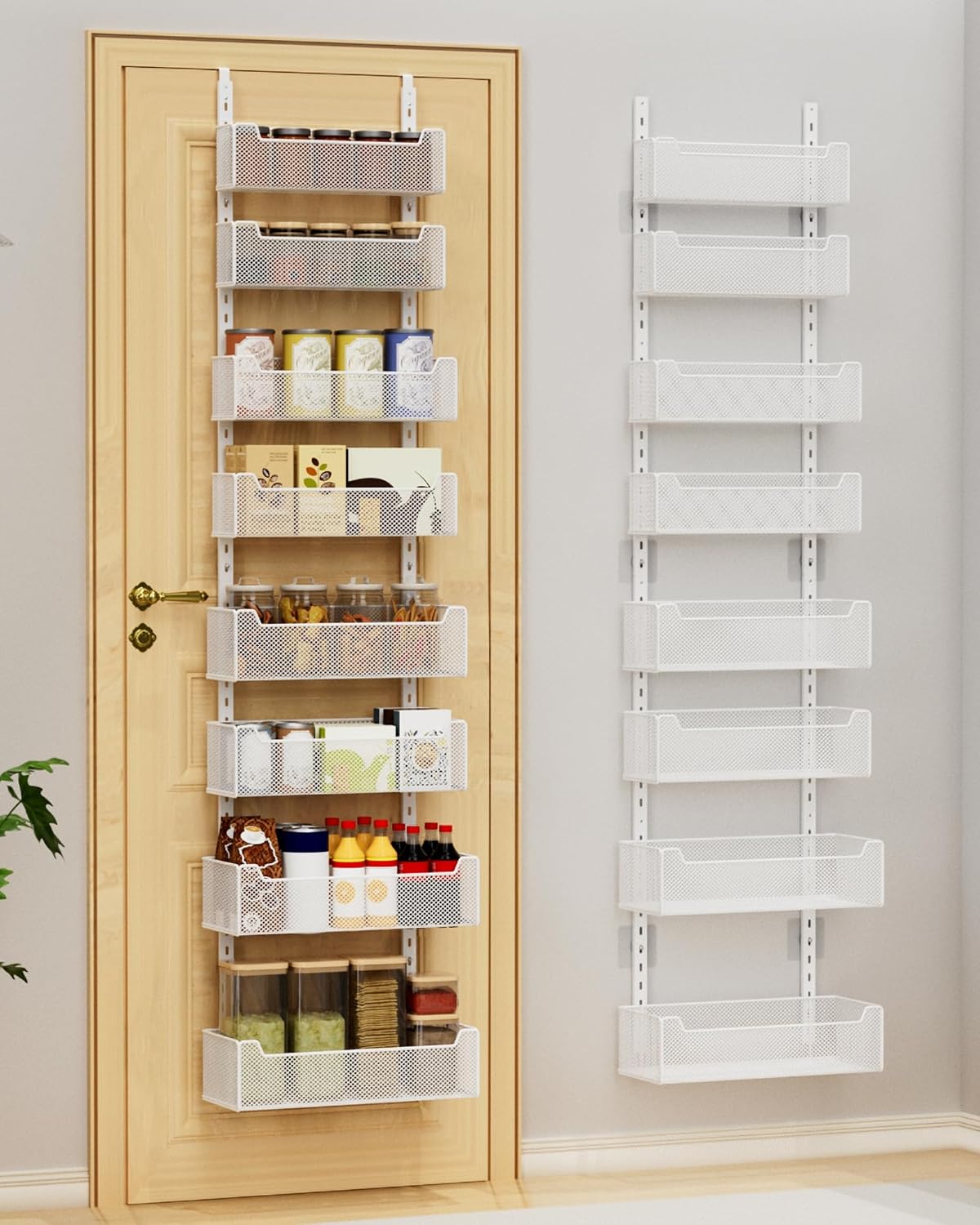 Over the Door Organizer, 8-Tier Pantry Organizer with Fully Enclosed Mesh Baskets, Heavy-Duty Metal Hanging Spice Rack for Kitchen Bathroom Laundry Room, 2-in-1 Wall Mount or Door Mount, Black