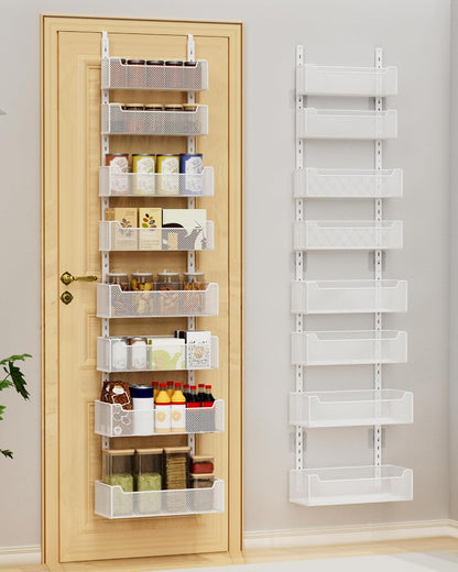 Over the Door Organizer, 8-Tier Pantry Organizer with Fully Enclosed Mesh Baskets, Heavy-Duty Metal Hanging Spice Rack for Kitchen Bathroom Laundry Room, 2-in-1 Wall Mount or Door Mount, Black