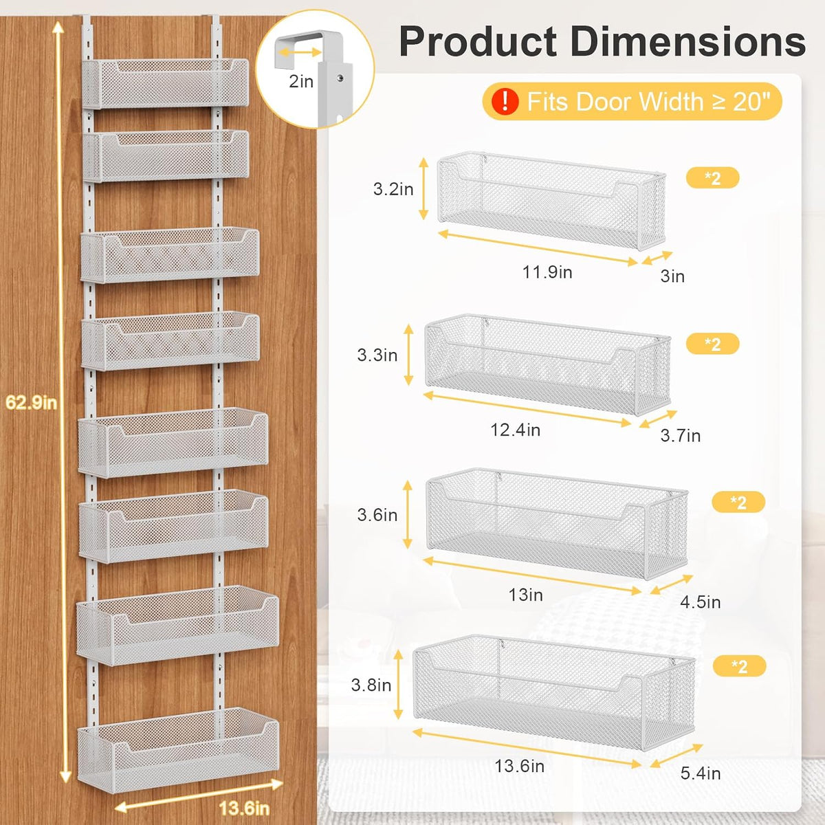 Over the Door Organizer, 8-Tier Pantry Organizer with Fully Enclosed Mesh Baskets, Heavy-Duty Metal Hanging Spice Rack for Kitchen Bathroom Laundry Room, 2-in-1 Wall Mount or Door Mount, Black