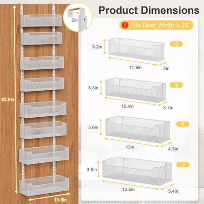 Over the Door Organizer, 8-Tier Pantry Organizer with Fully Enclosed Mesh Baskets, Heavy-Duty Metal Hanging Spice Rack for Kitchen Bathroom Laundry Room, 2-in-1 Wall Mount or Door Mount, Black