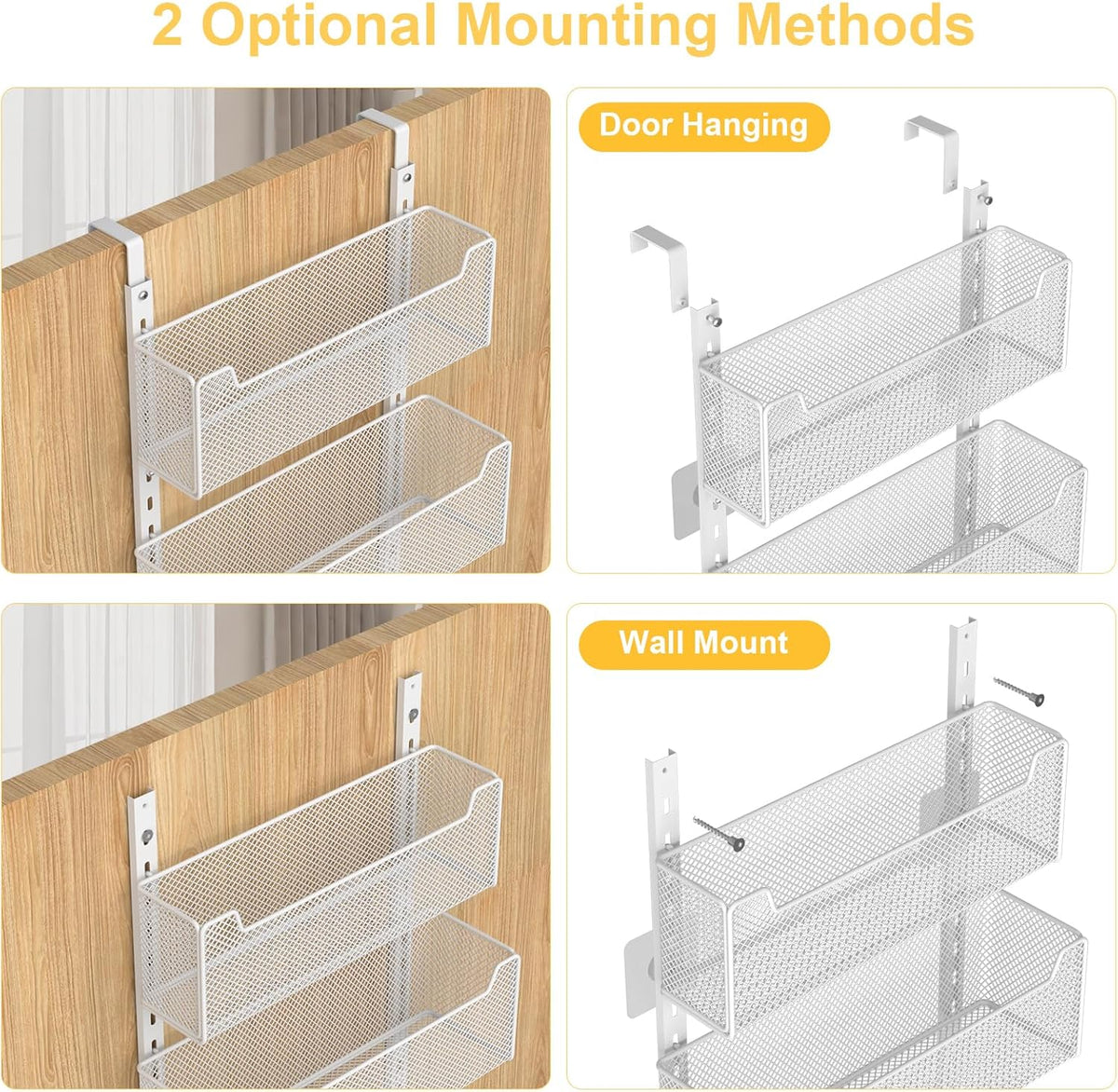 Over the Door Organizer, 8-Tier Pantry Organizer with Fully Enclosed Mesh Baskets, Heavy-Duty Metal Hanging Spice Rack for Kitchen Bathroom Laundry Room, 2-in-1 Wall Mount or Door Mount, Black