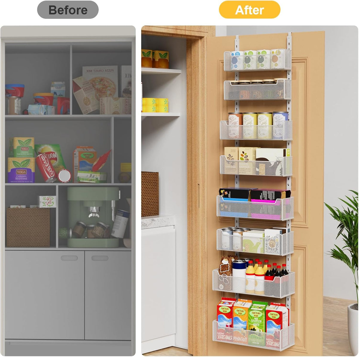 Over the Door Organizer, 8-Tier Pantry Organizer with Fully Enclosed Mesh Baskets, Heavy-Duty Metal Hanging Spice Rack for Kitchen Bathroom Laundry Room, 2-in-1 Wall Mount or Door Mount, Black