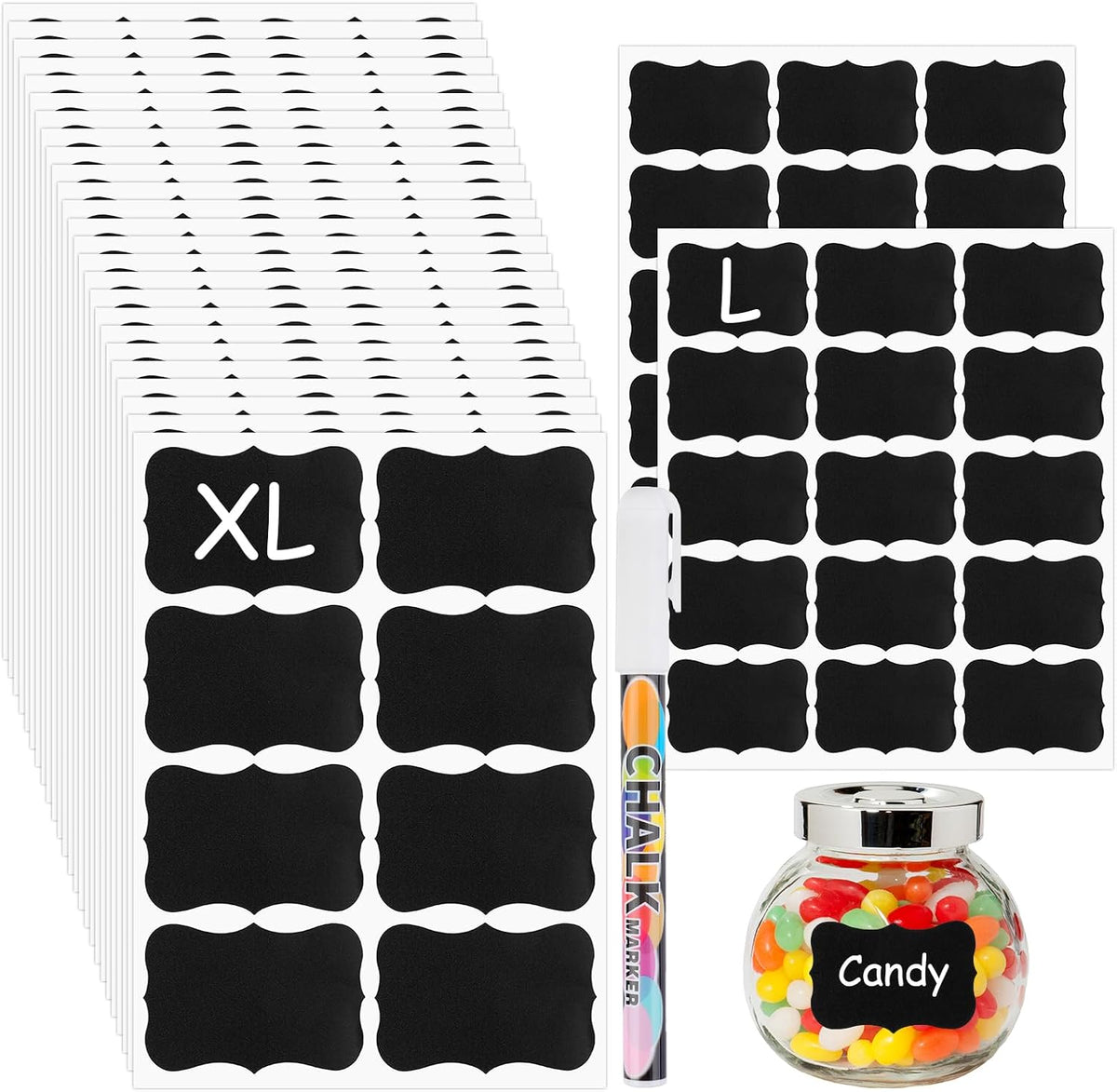 230 Pcs Labels for Jars, 2 Size Waterproof Chalkboard Labels | for Food Containers, Storage Bins, Mason Jars, Reusable Blackboard Stickers with 1 Erasable Chalk Marker (Irregular Shape)