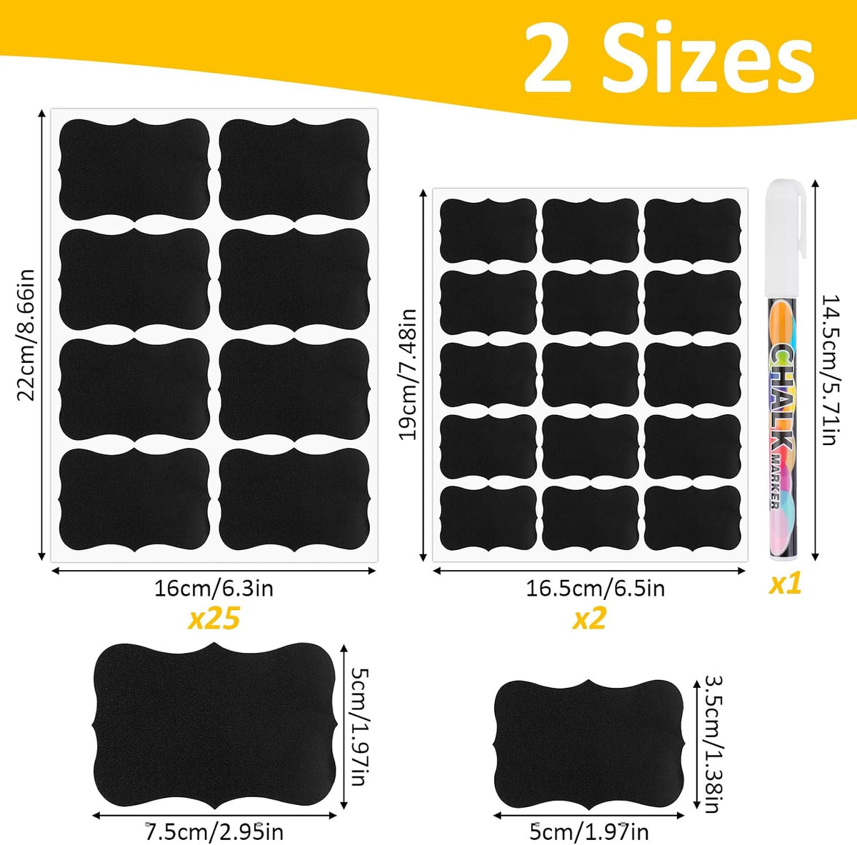 230 Pcs Labels for Jars, 2 Size Waterproof Chalkboard Labels | for Food Containers, Storage Bins, Mason Jars, Reusable Blackboard Stickers with 1 Erasable Chalk Marker (Irregular Shape)