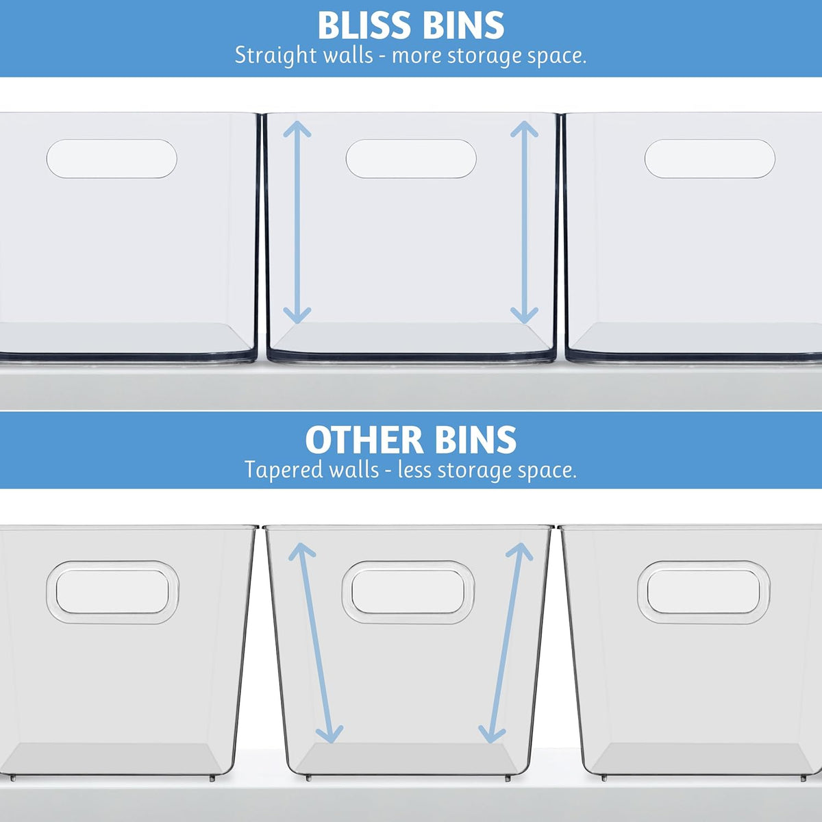 Bliss 10" x 6" Open Clear Pantry Organizer Bin, Set of 2, Plastic Containers with Handle for Kitchen, Fridge, Cabinet, Closet, Bathrom, Undersink Storage Made in USA