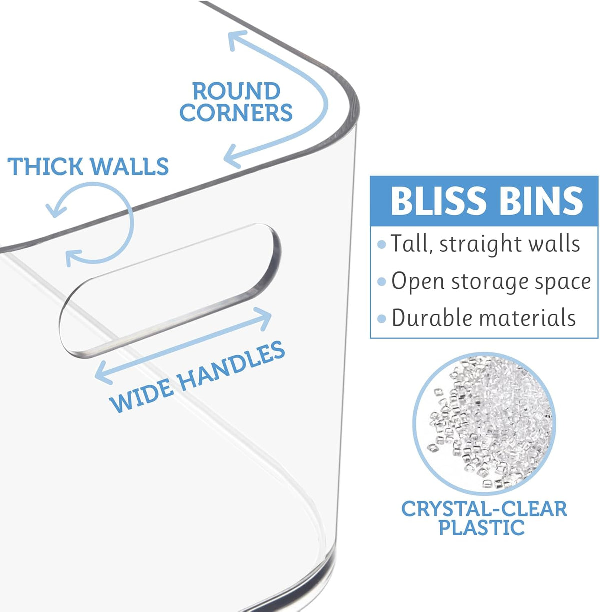 Bliss 10" x 6" Open Clear Pantry Organizer Bin, Set of 2, Plastic Containers with Handle for Kitchen, Fridge, Cabinet, Closet, Bathrom, Undersink Storage Made in USA