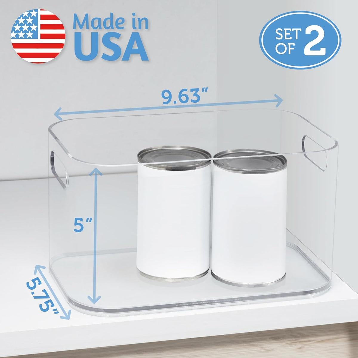 Bliss 10" x 6" Open Clear Pantry Organizer Bin, Set of 2, Plastic Containers with Handle for Kitchen, Fridge, Cabinet, Closet, Bathrom, Undersink Storage Made in USA