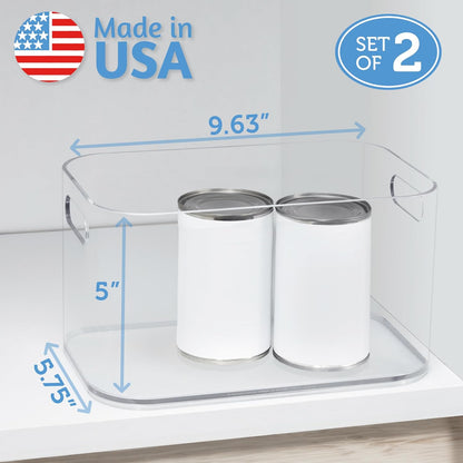 Bliss 10" x 6" Open Clear Pantry Organizer Bin, Set of 2, Plastic Containers with Handle for Kitchen, Fridge, Cabinet, Closet, Bathrom, Undersink Storage Made in USA