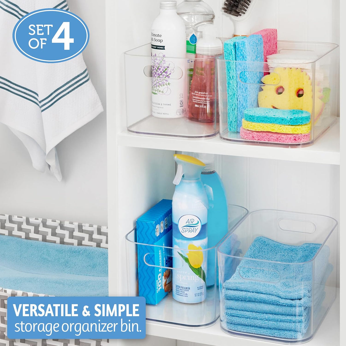 Bliss 10" x 6" Open Clear Pantry Organizer Bin, Set of 2, Plastic Containers with Handle for Kitchen, Fridge, Cabinet, Closet, Bathrom, Undersink Storage Made in USA