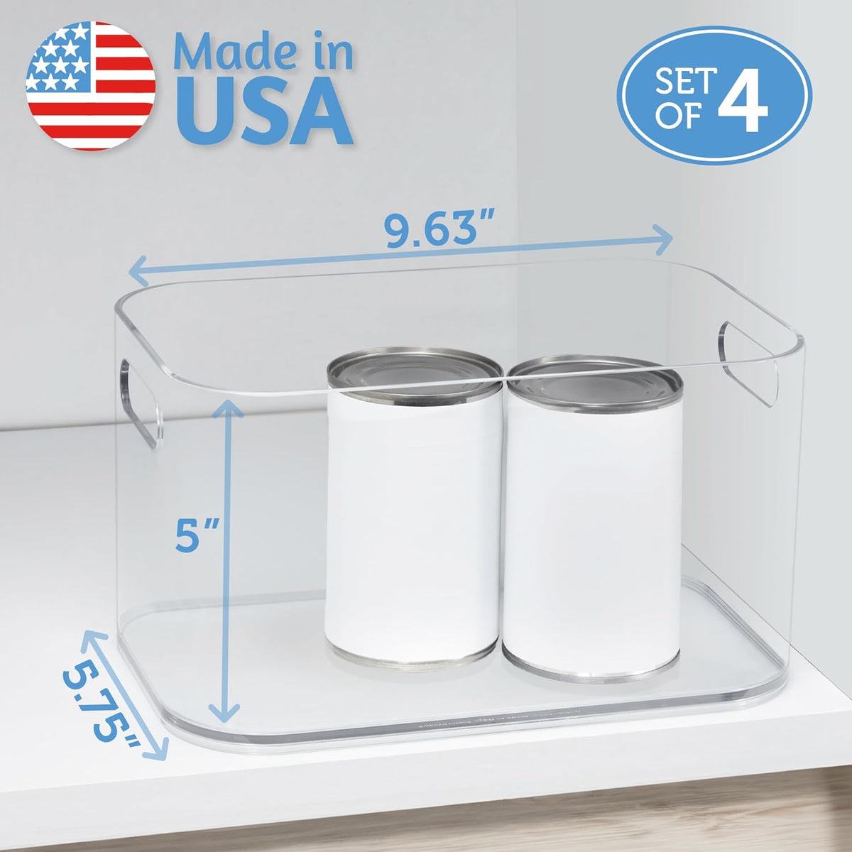 Bliss 10" x 6" Open Clear Pantry Organizer Bin, Set of 2, Plastic Containers with Handle for Kitchen, Fridge, Cabinet, Closet, Bathrom, Undersink Storage Made in USA