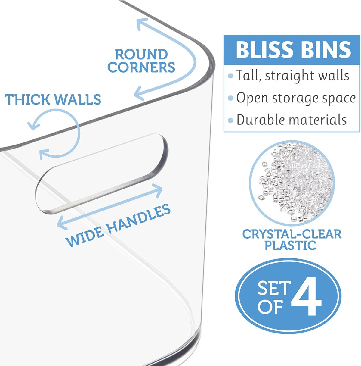 Bliss 10" x 6" Open Clear Pantry Organizer Bin, Set of 2, Plastic Containers with Handle for Kitchen, Fridge, Cabinet, Closet, Bathrom, Undersink Storage Made in USA