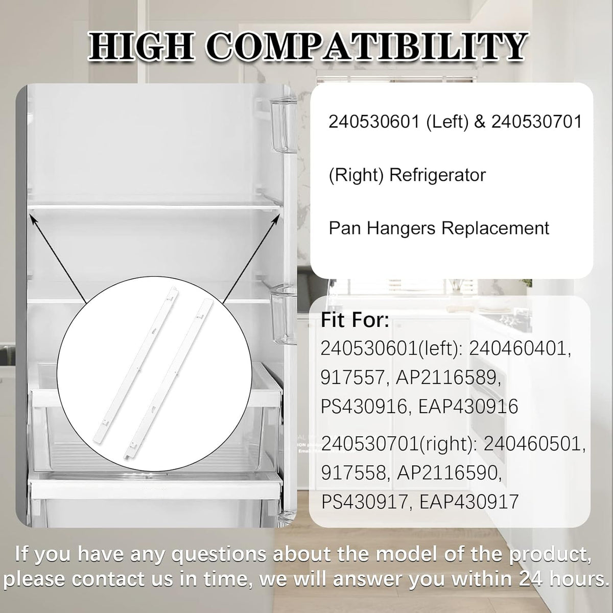 240530601 (Left) & 240530701 (Right) Refrigerator Pan Hangers Replacement, Drawer Slide Support Rail Fit for Frigi-daire and Ken-more Refrigerators Replaces# 240460401 240460501