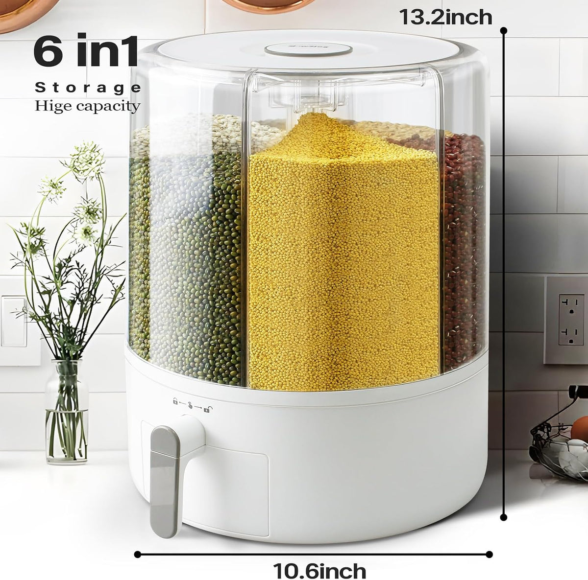 Grain and Rice Storage Container, 6 Grid Grain Dispenser, Food Dispenser