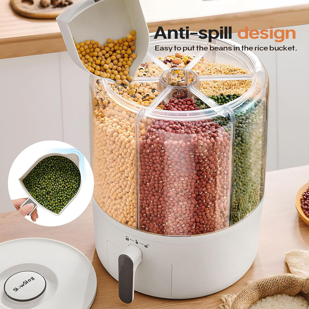 Grain and Rice Storage Container, 6 Grid Grain Dispenser, Food Dispenser