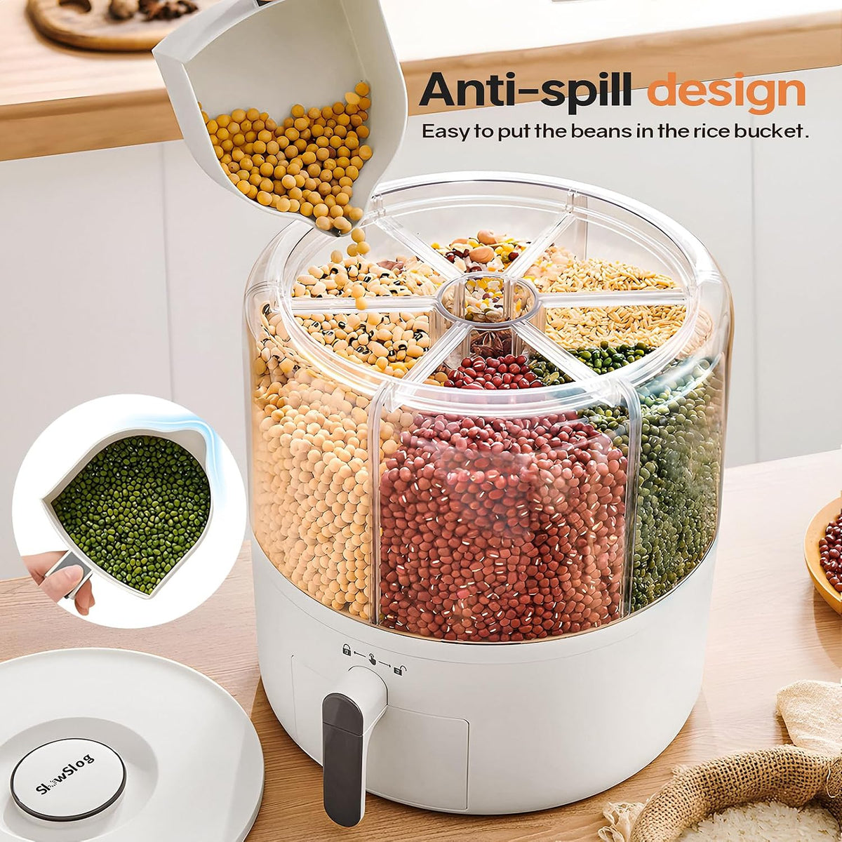 Grain and Rice Storage Container, 6 Grid Grain Dispenser, Food Dispenser