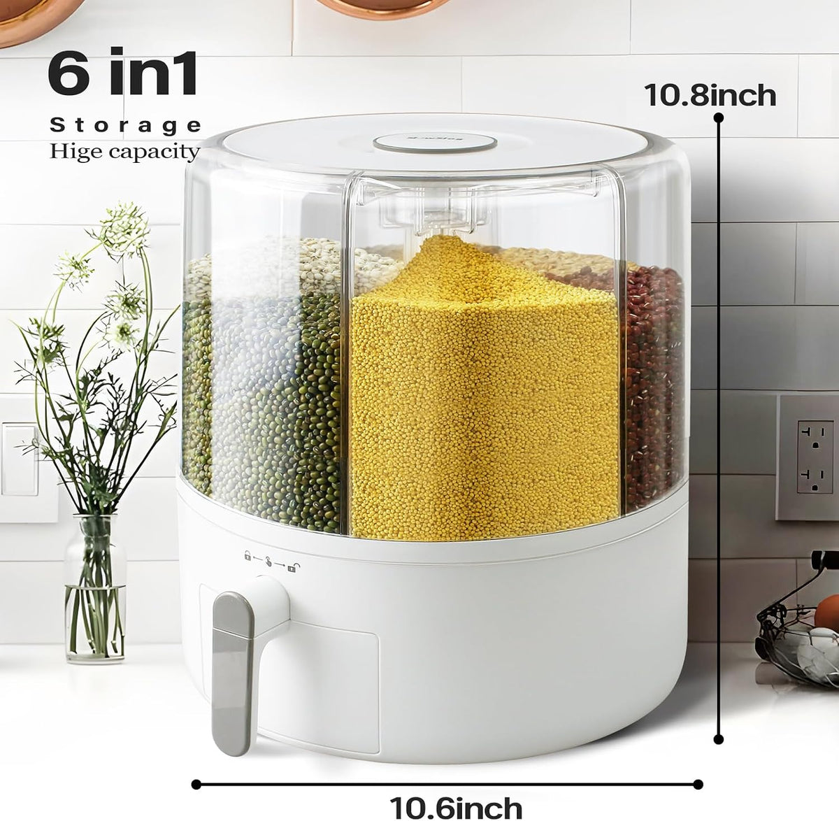 Grain and Rice Storage Container, 6 Grid Grain Dispenser, Food Dispenser
